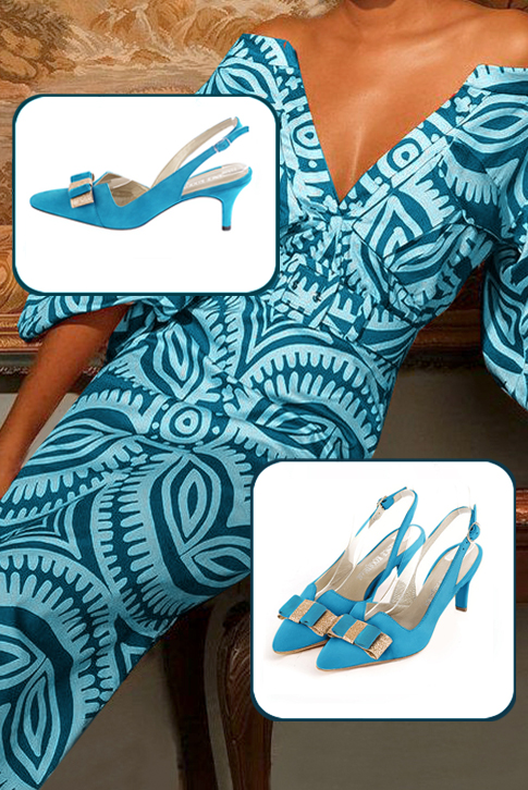 Women's turquoise blue and gold elegant slingback heels, with a bow on the front. Tapered toe. Medium slim heel - Worn view